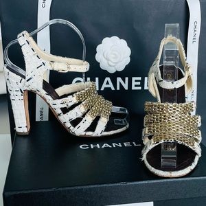 Chanel cc logos tweed gold chain strappy sandals size 38.5